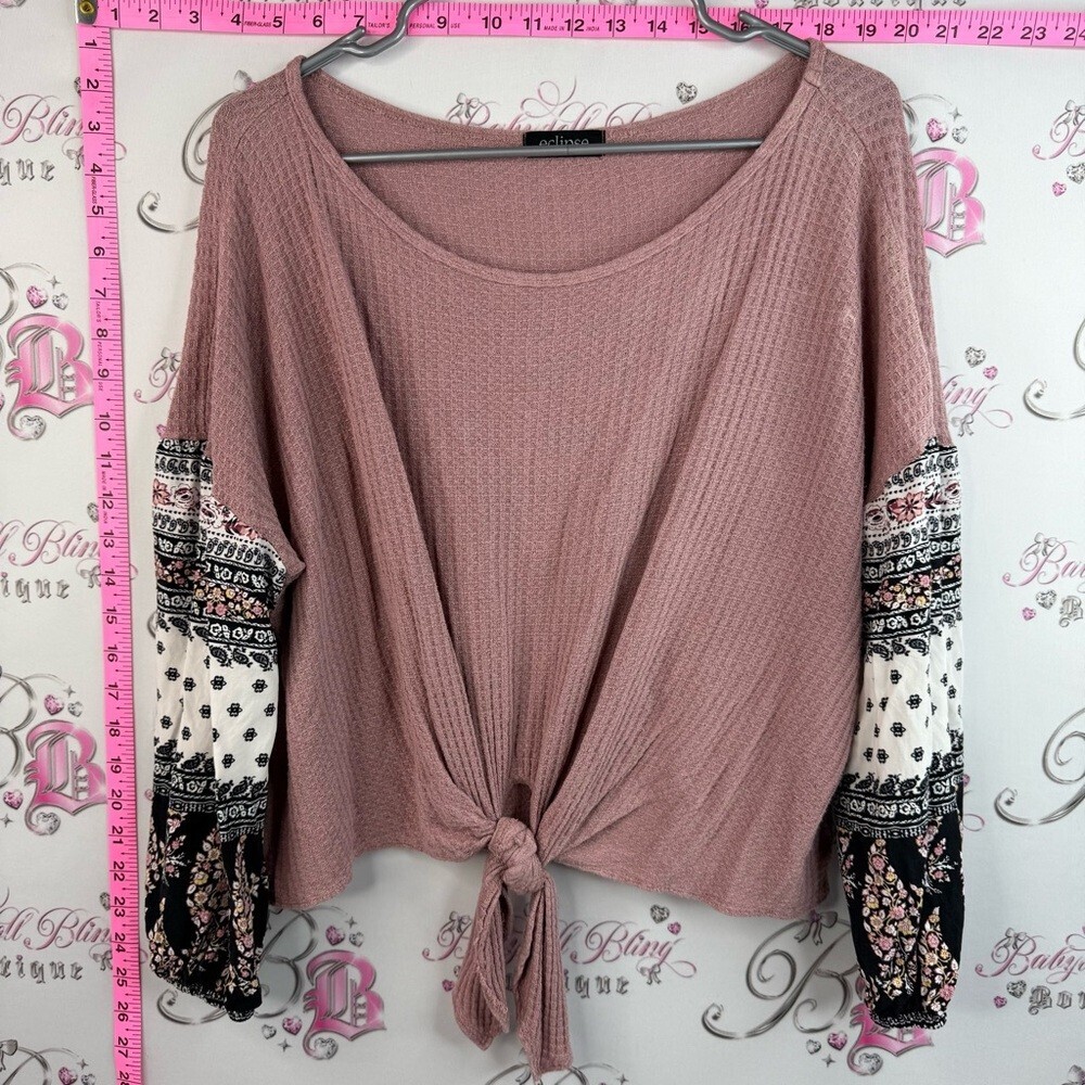 Eclipse long sleeve Mauve Tie-Front Waffle Knit Tunic Printed Bishop Sleeves
